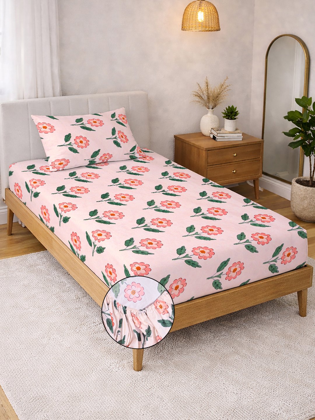 Pink Floral Cotton Blend Fitted Single Bedsheet with Pillow Cover
