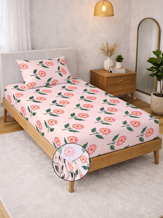 Pink Floral Cotton Blend Fitted Single Bedsheet with Pillow Cover