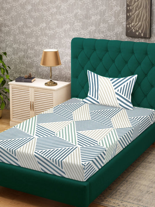 Green Geometric 300 TC Cotton Blend Single Bedsheet with Pillow Cover