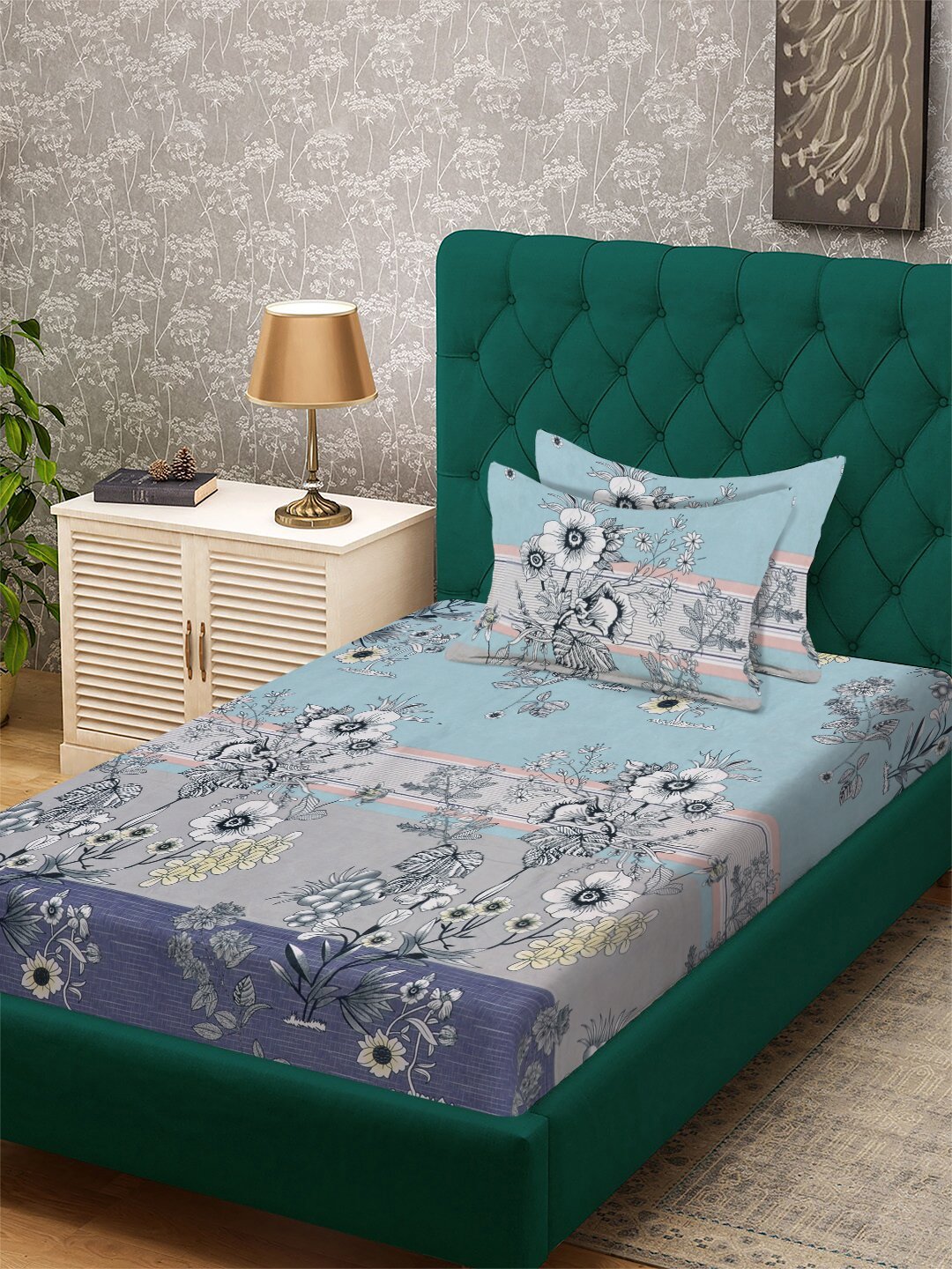 Multi Floral 300 TC Cotton Blend Single Bedsheet with 2 Pillow Covers
