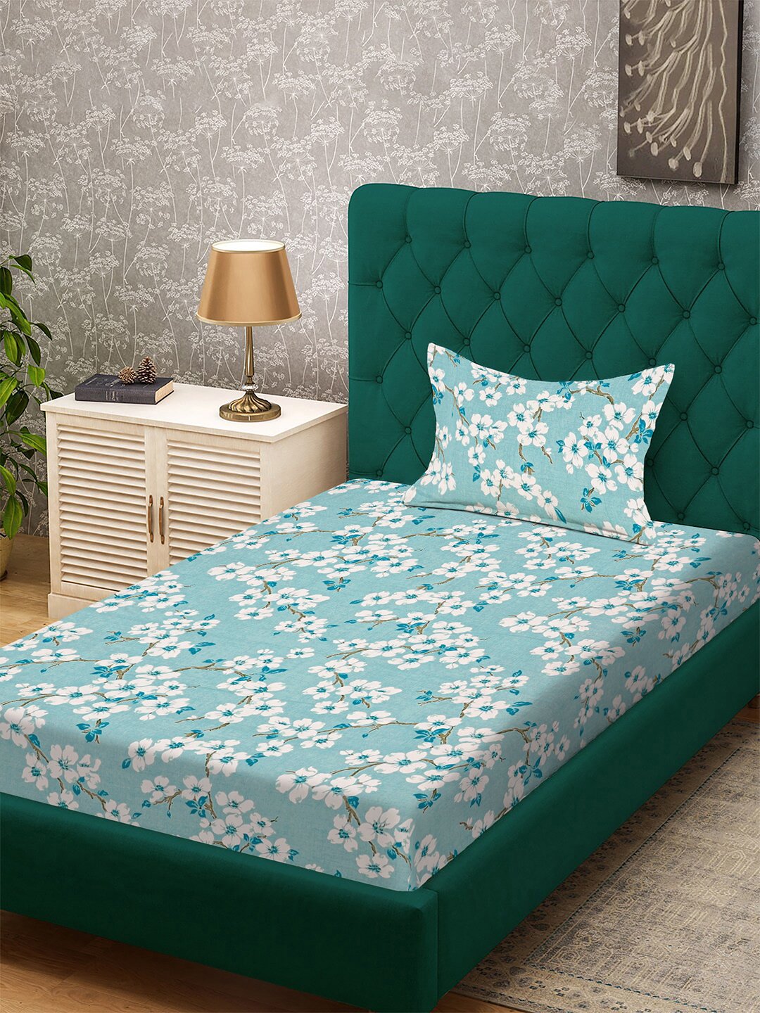 Green Floral 300 TC Cotton Blend Single Bedsheet with Pillow Cover