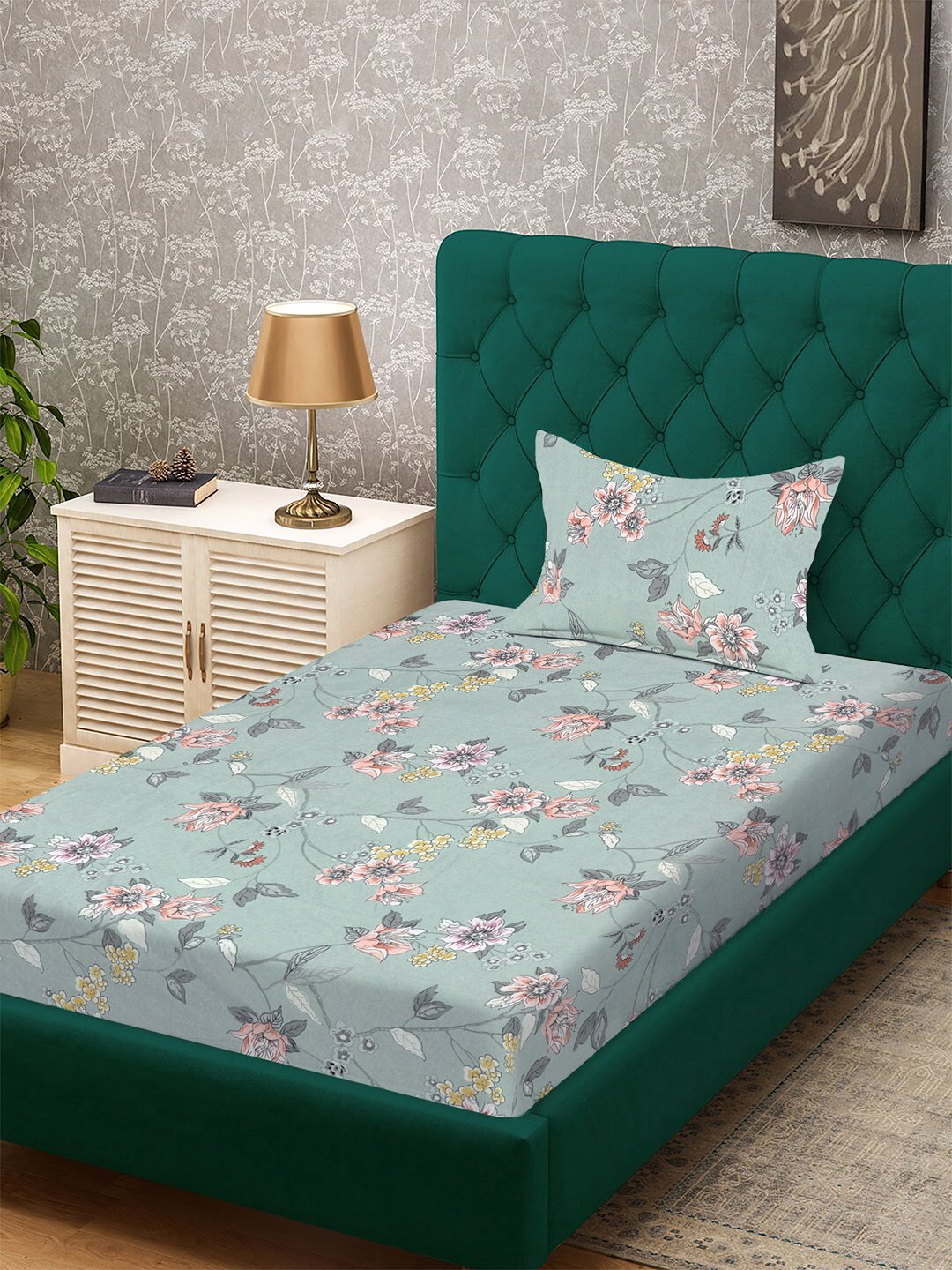 Green Floral 300 TC Cotton Blend Single Bedsheet with Pillow Cover