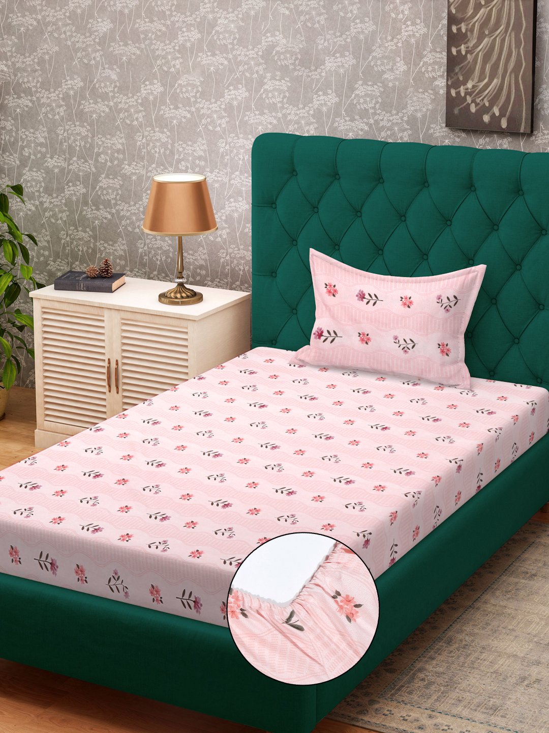 Pink Floral 300 TC Cotton Blend Fitted Single Bedsheet Set in Book Fold Packing