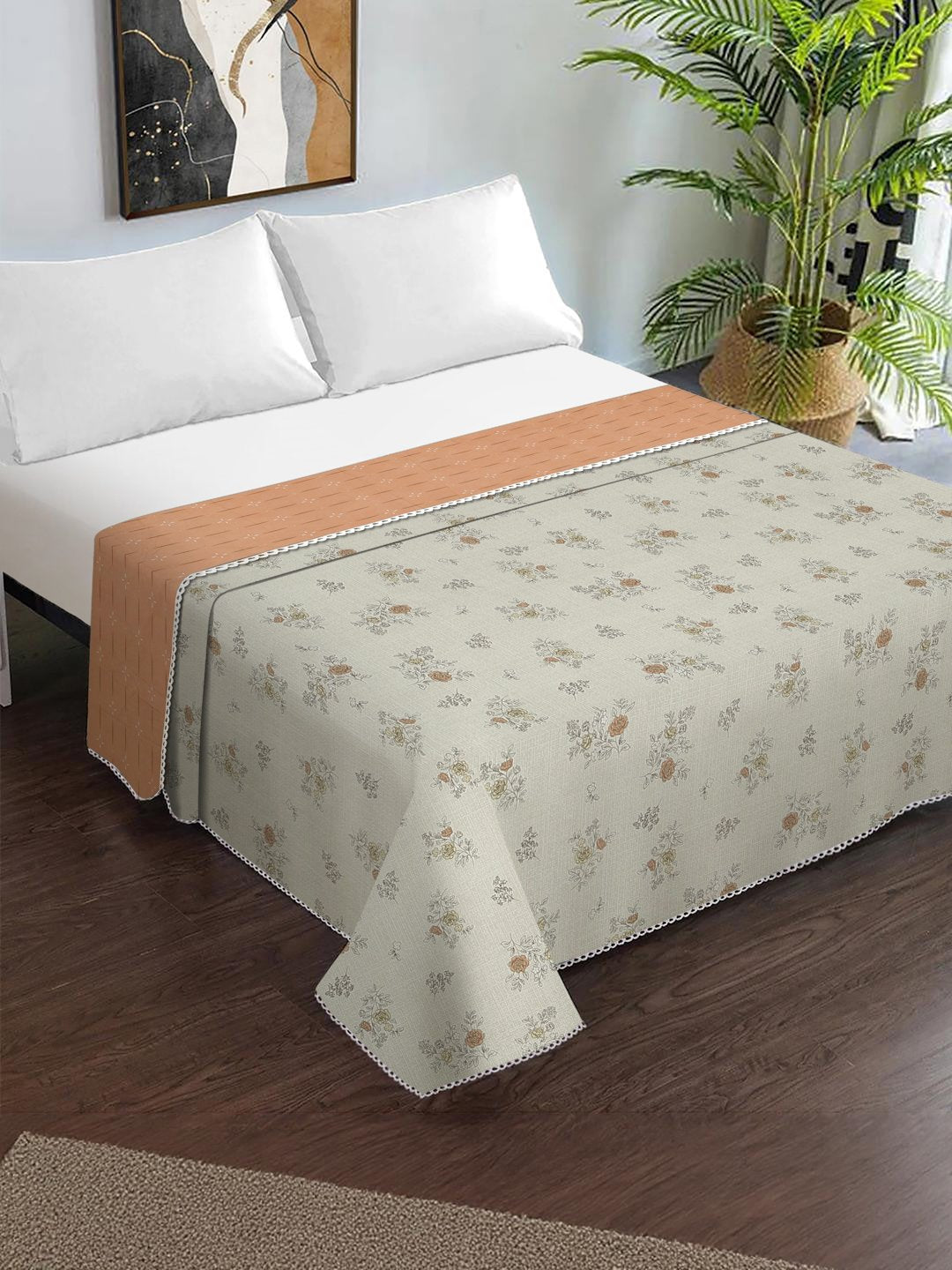 Green Cotton Blend Floral Double Bed Dohar