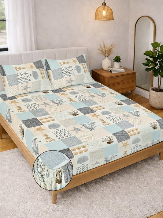 Multi Geometric Cotton Blend Fitted Double Bedsheet with 2 Pillow Covers