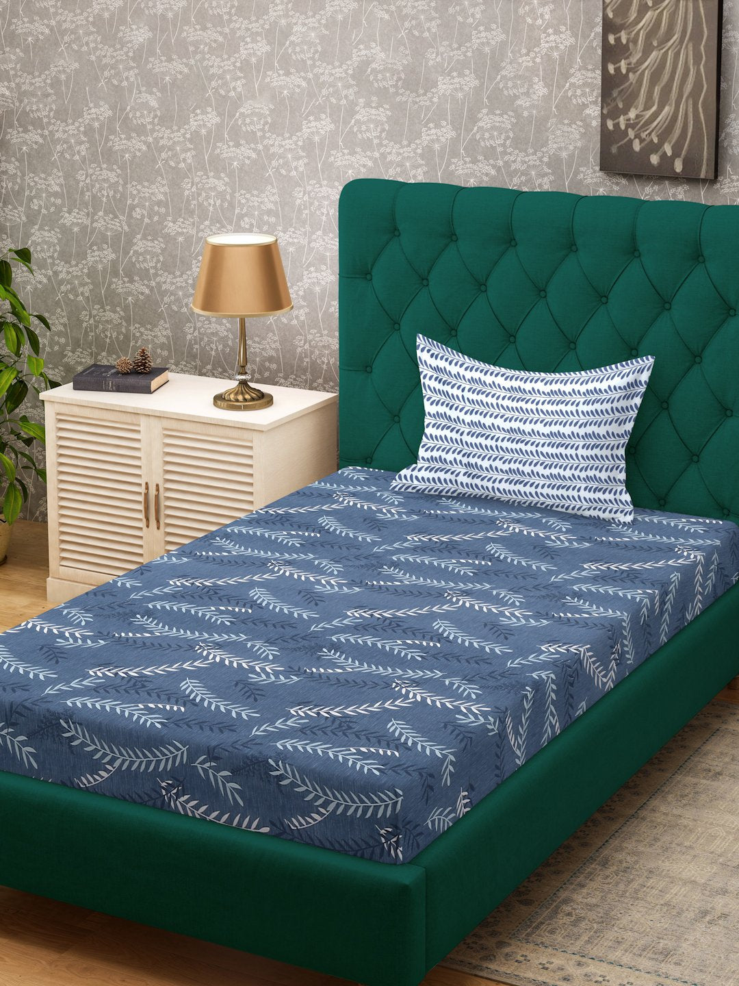 Blue Floral 300 TC Cotton Blend Fitted Single Bedsheet with Pillow Cover