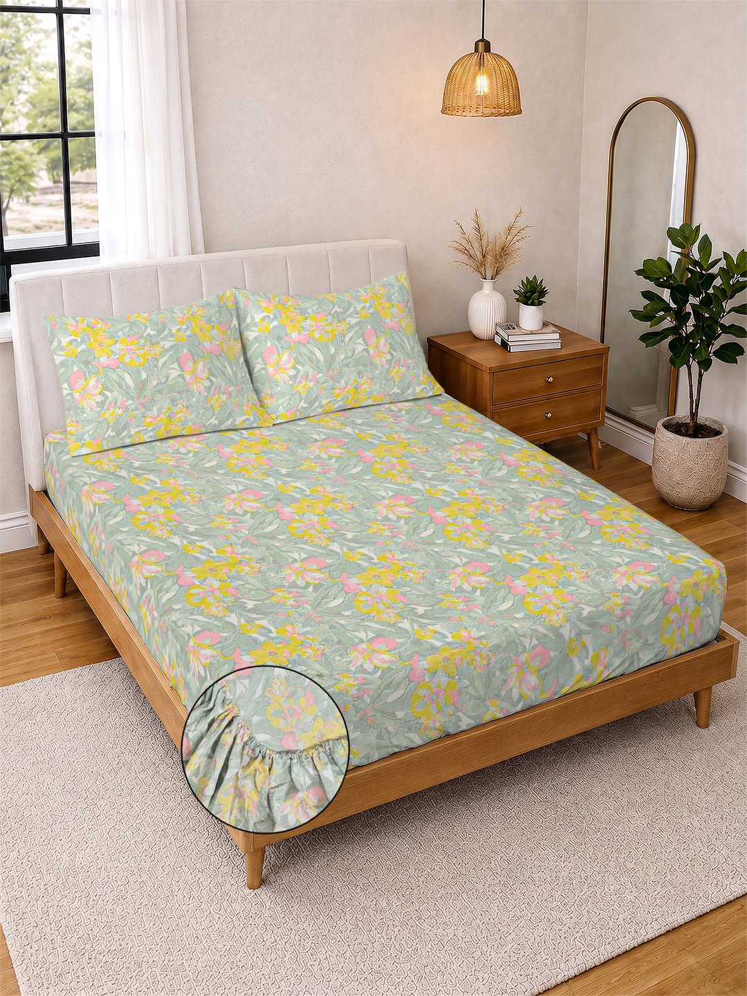 Green Floral Cotton Blend Fitted Double Bedsheet with 2 Pillow Covers