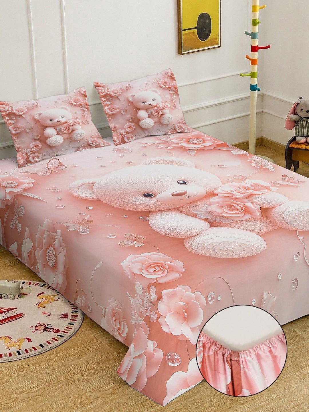 Pink 7D Cartoon Characters Printed Fitted Cotton Blend Double Bedsheet with 2 Pillow Covers