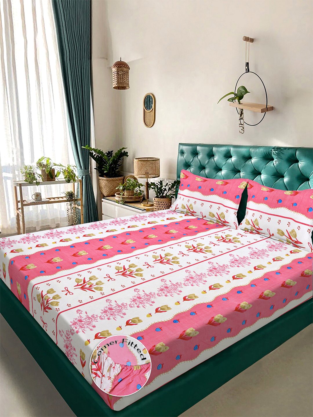 Pink Floral 300 TC Cotton Blend Fitted Double Bedsheet with 2 Pillow Covers