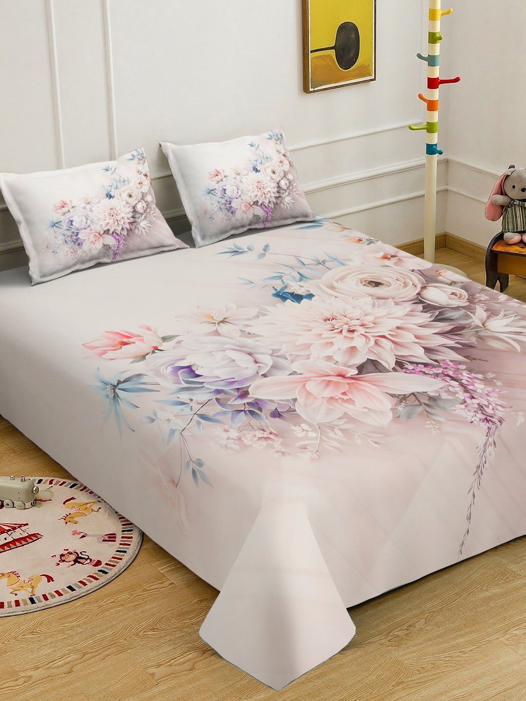 Multi Digital Floral Printed Cotton Blend Double Bedsheet with 2 Pillow Covers