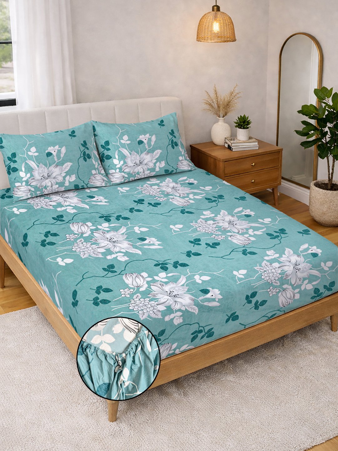 Green Floral Cotton Blend Fitted Double Bedsheet with 2 Pillow Covers