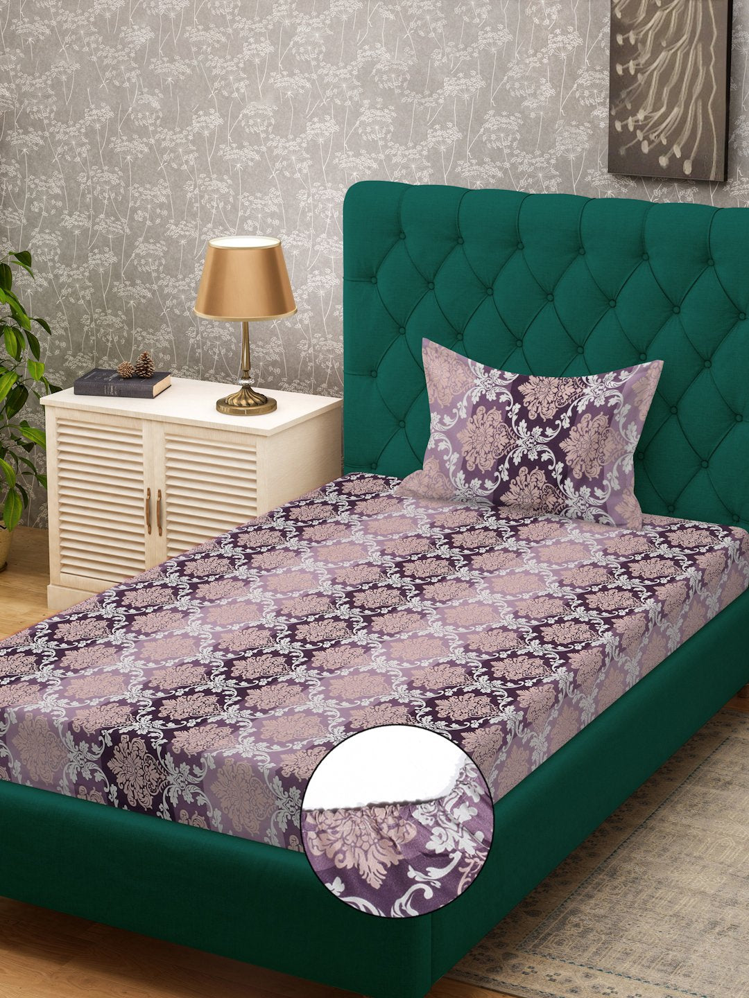 Purple Floral 300 TC Cotton Blend Fitted Single Bedsheet with Pillow Cover