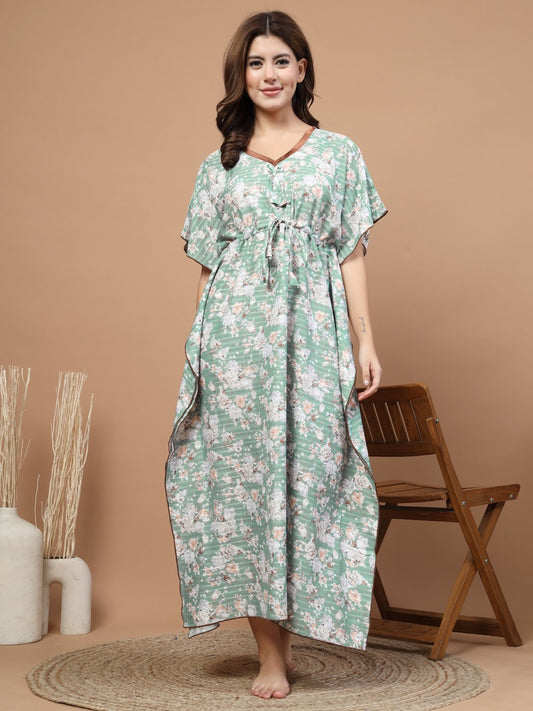 Green Floral Cotton Blend Kaftan Maxi Nightdress
