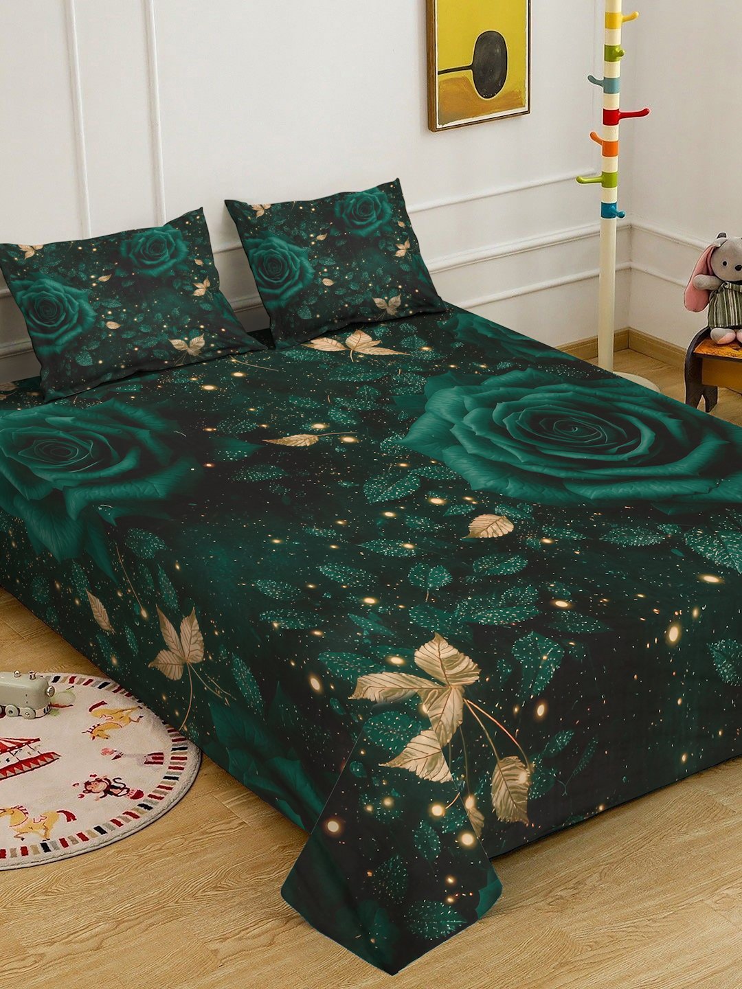 Green Digital Floral Printed Cotton Blend Double Bedsheet with 2 Pillow Covers
