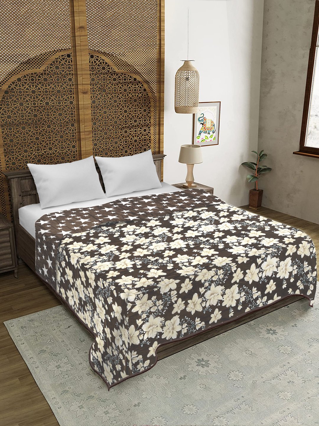 Brown Woolen Floral Double Bed Dohar