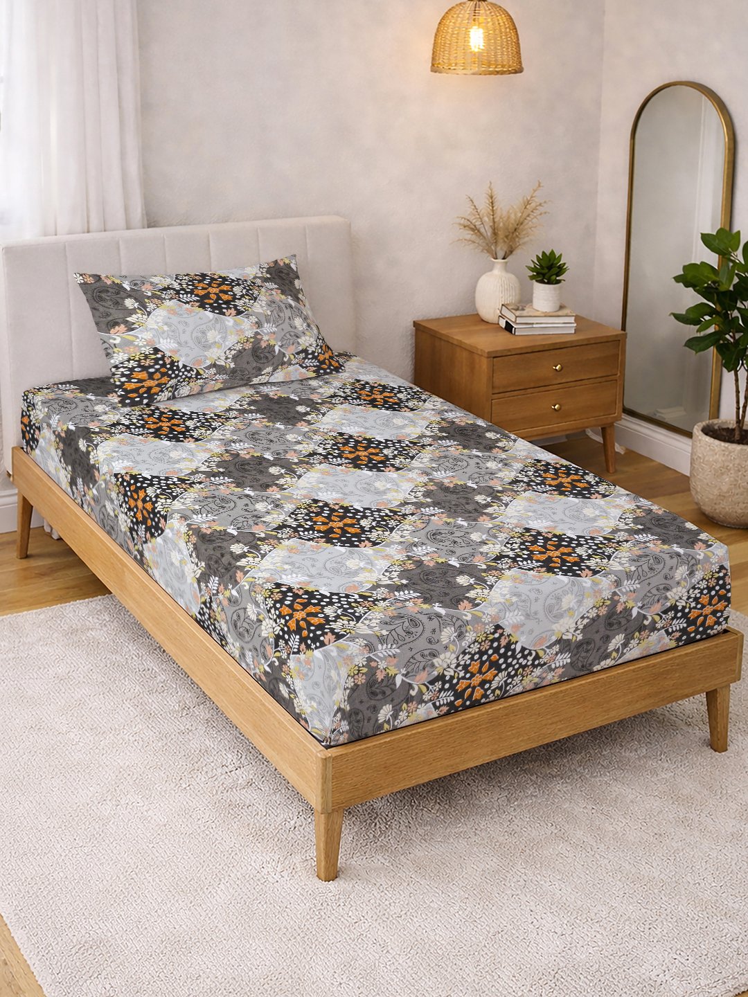 Grey Floral Cotton Blend Single Bedsheet with Pillow Cover