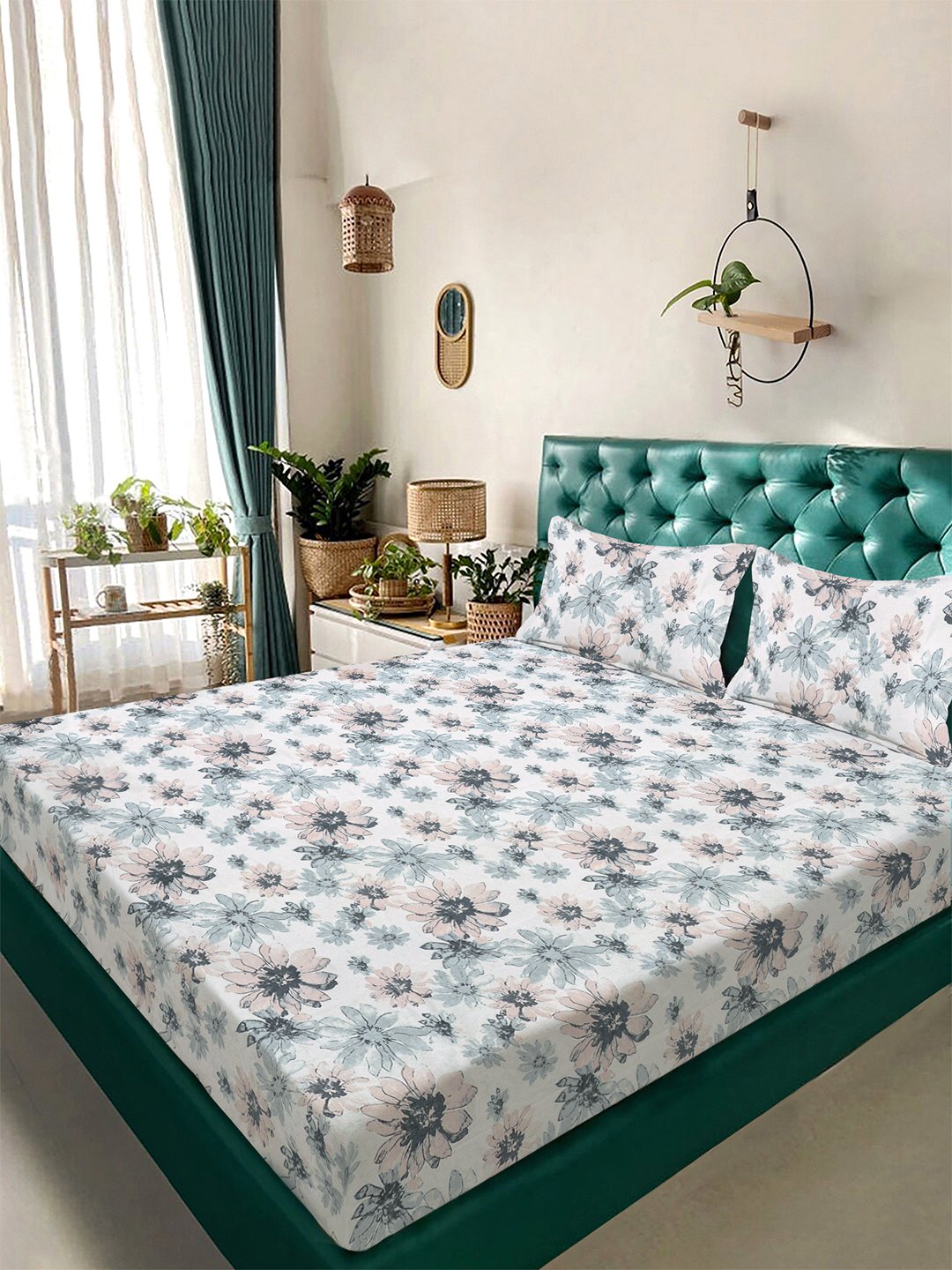White Floral 300 TC Cotton Blend Double Bedsheet with 2 Pillow Covers