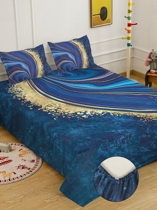 Blue 7D Abstract Printed Fitted Cotton Blend Double Bedsheet with 2 Pillow Covers