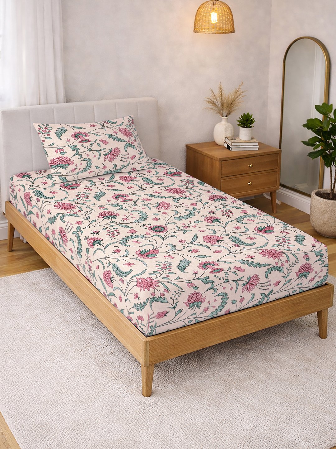 Beige Floral Cotton Blend Single Bedsheet with Pillow Cover
