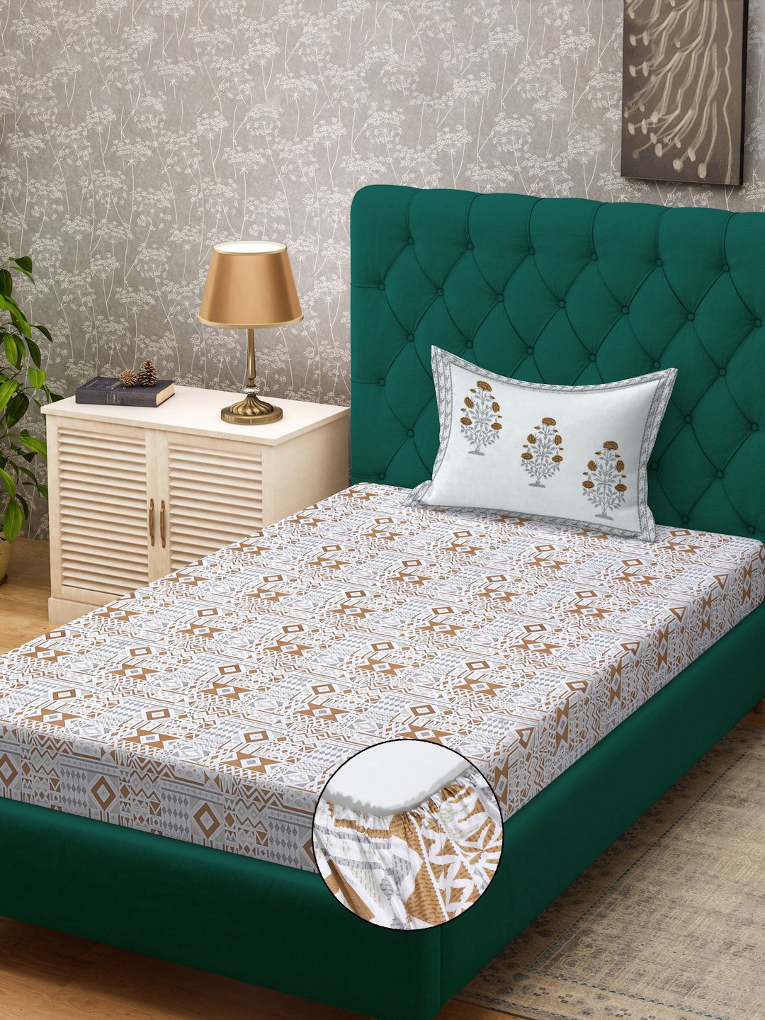 Mustard Geometric 400 TC Pure Cotton Fitted Single Bedsheet with Pillow Cover