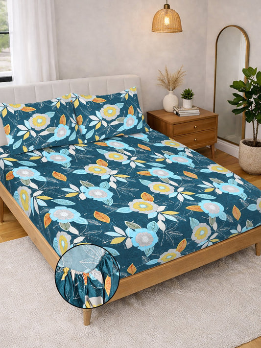 Blue Floral Cotton Blend Fitted Double Bedsheet with 2 Pillow Covers