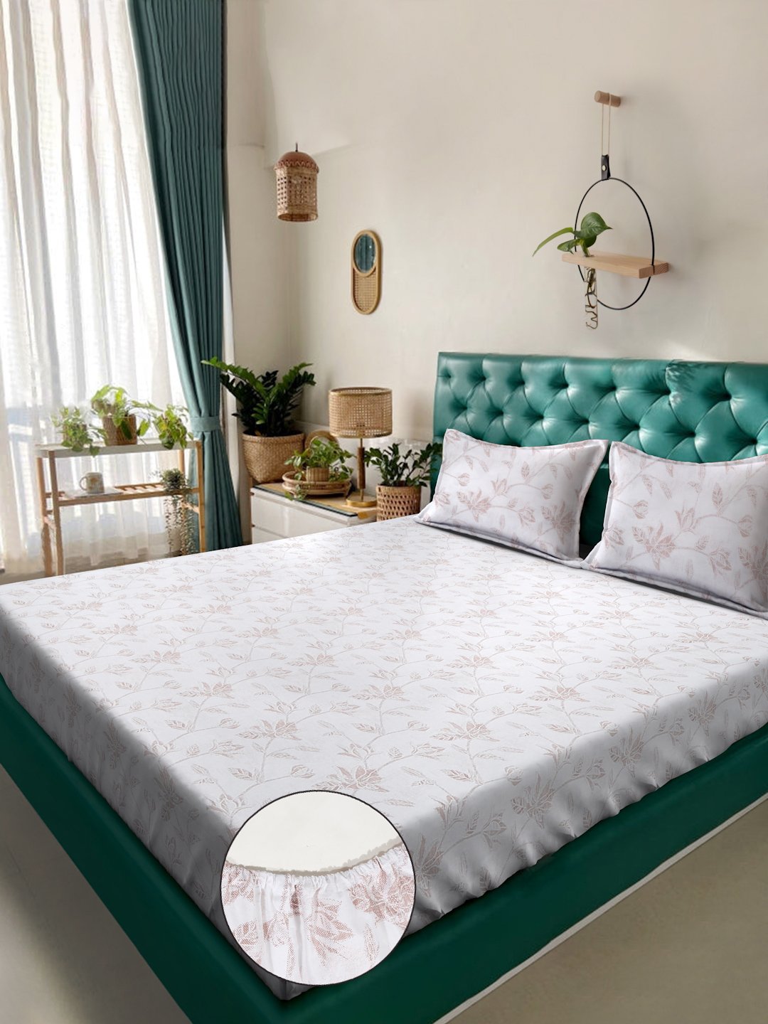 White Floral 400 TC Pure Cotton Super King Double Bedsheet with 2 Pillow Covers