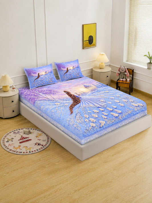 Digital Printed Purple Floral Cotton Blend Double Bedsheet with 2 Pillow Covers