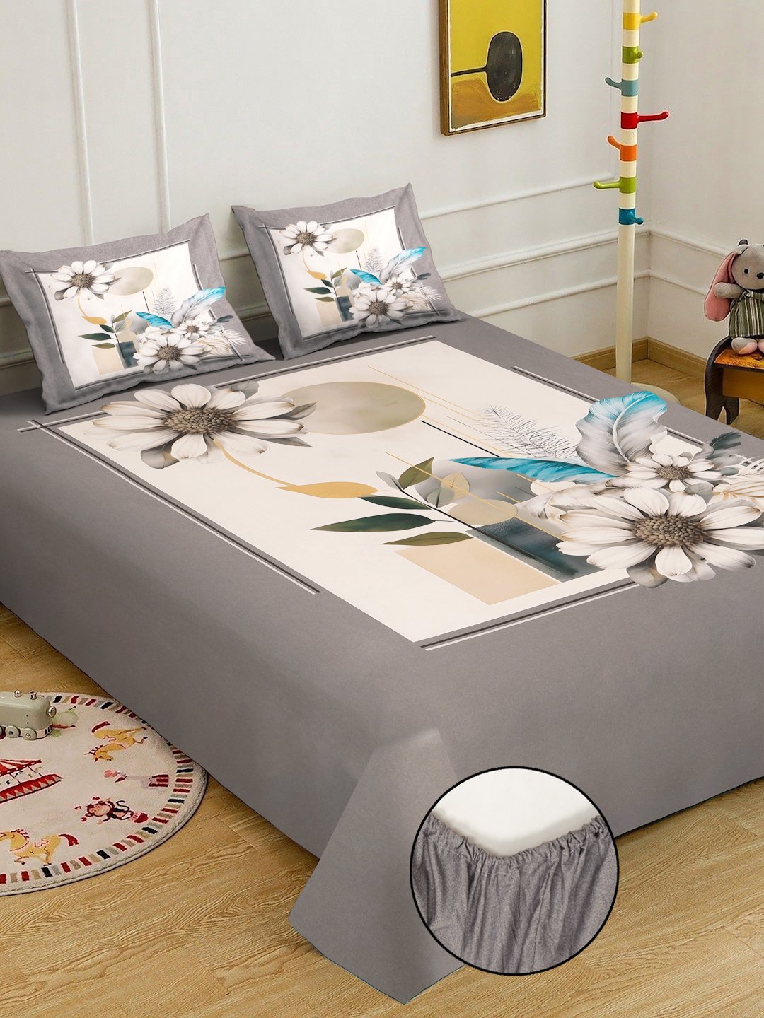 Grey Digital Floral Printed Cotton Blend Fitted Double Bedsheet with 2 Pillow Covers