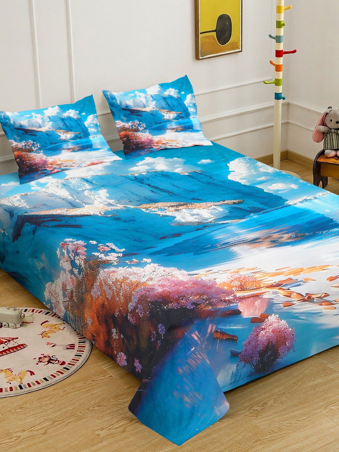 Blue 7D Floral Printed Cotton Blend Double Bedsheet with 2 Pillow Covers