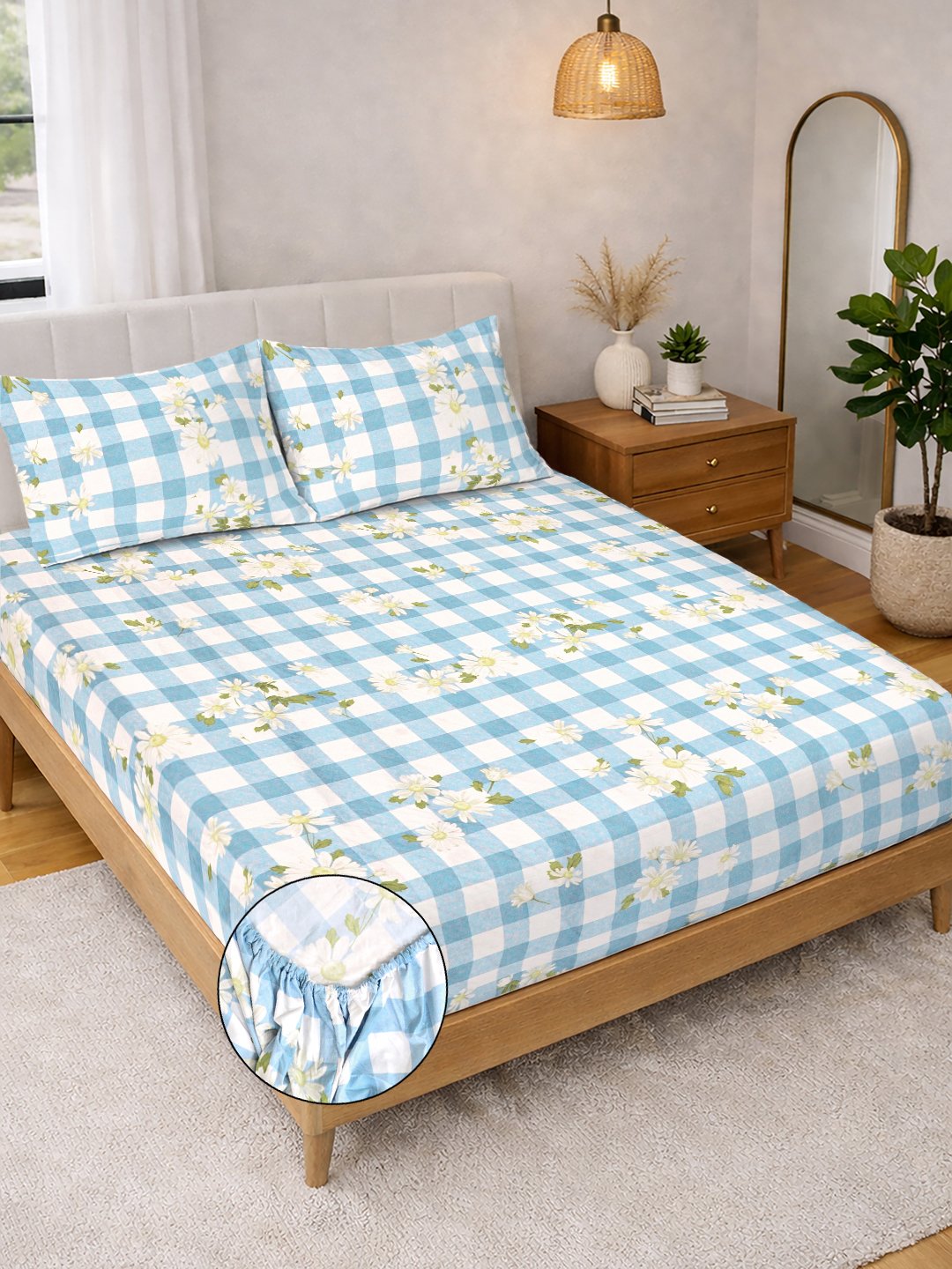 Blue Floral Cotton Blend Fitted Double Bedsheet with 2 Pillow Covers