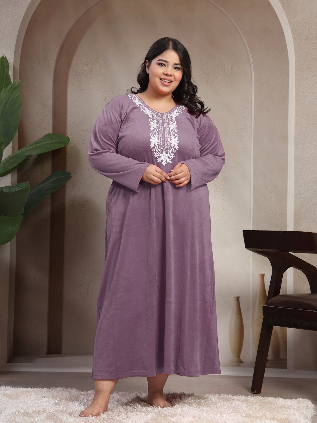 Klotthe Purple Solid Soft touch Velvet Maxi Nightdress