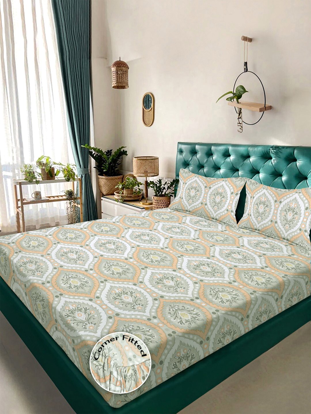 Multi Geometric 300 TC Cotton Blend Fitted Double Bedsheet in Book Fold Packing