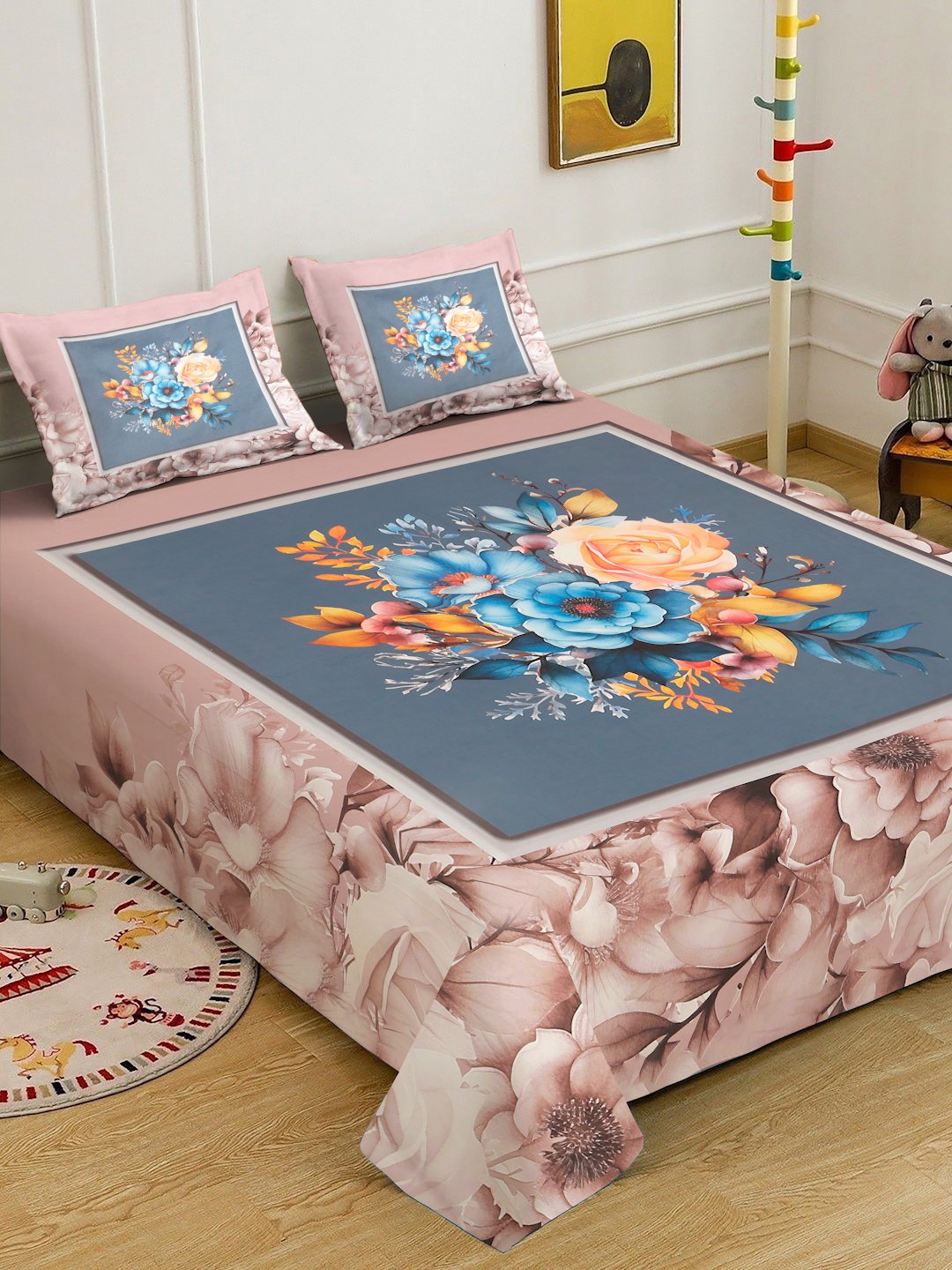 Brown Digital Floral Printed Cotton Blend Double Bedsheet with 2 Pillow Covers