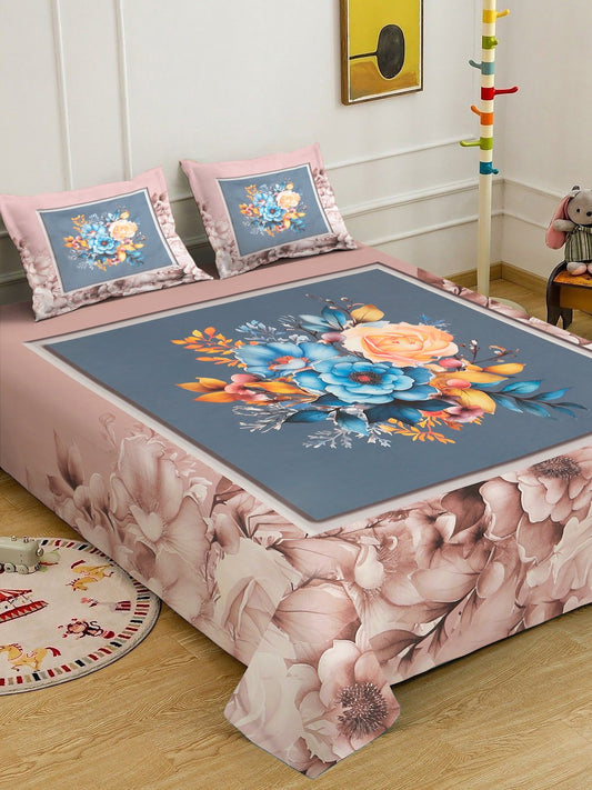 Brown Digital Floral Printed Cotton Blend Double Bedsheet with 2 Pillow Covers