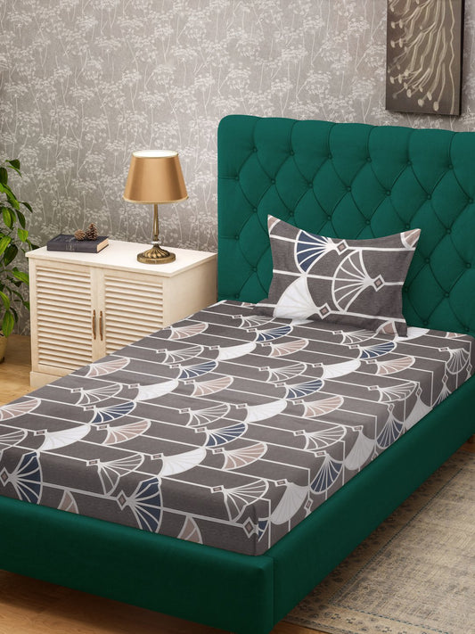Brown Floral 300 TC Cotton Blend Single Bedsheet with Pillow Cover