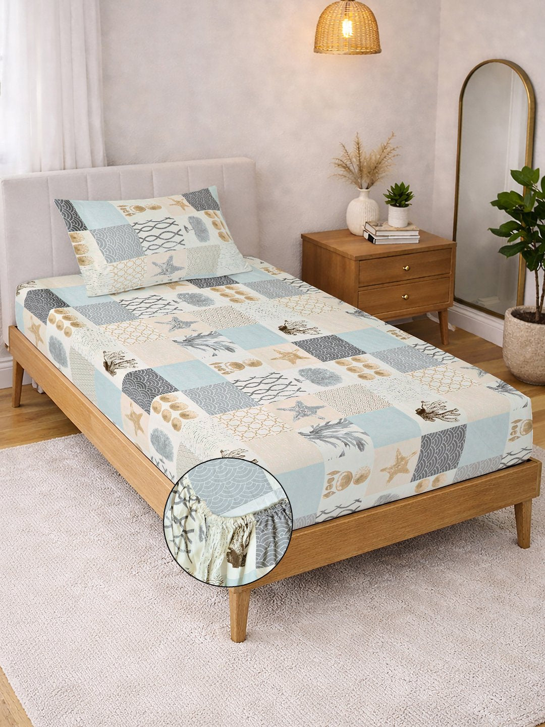 Multi Geometric Cotton Blend Fitted Single Bedsheet with Pillow Cover