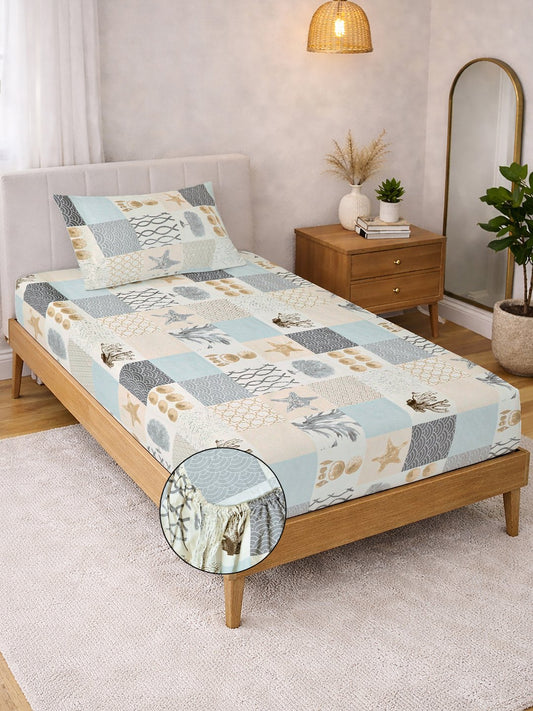 Multi Geometric Cotton Blend Fitted Single Bedsheet with Pillow Cover