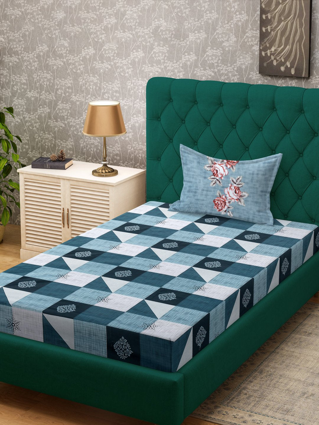 Blue Geometric 400 TC Pure Cotton Single Bedsheet with Pillow Cover