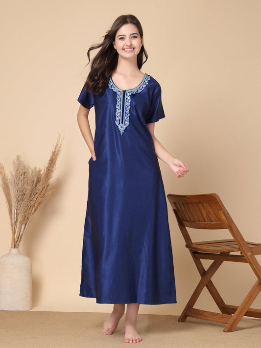 Blue Solid Soft Feel Cotton Blend Maxi
