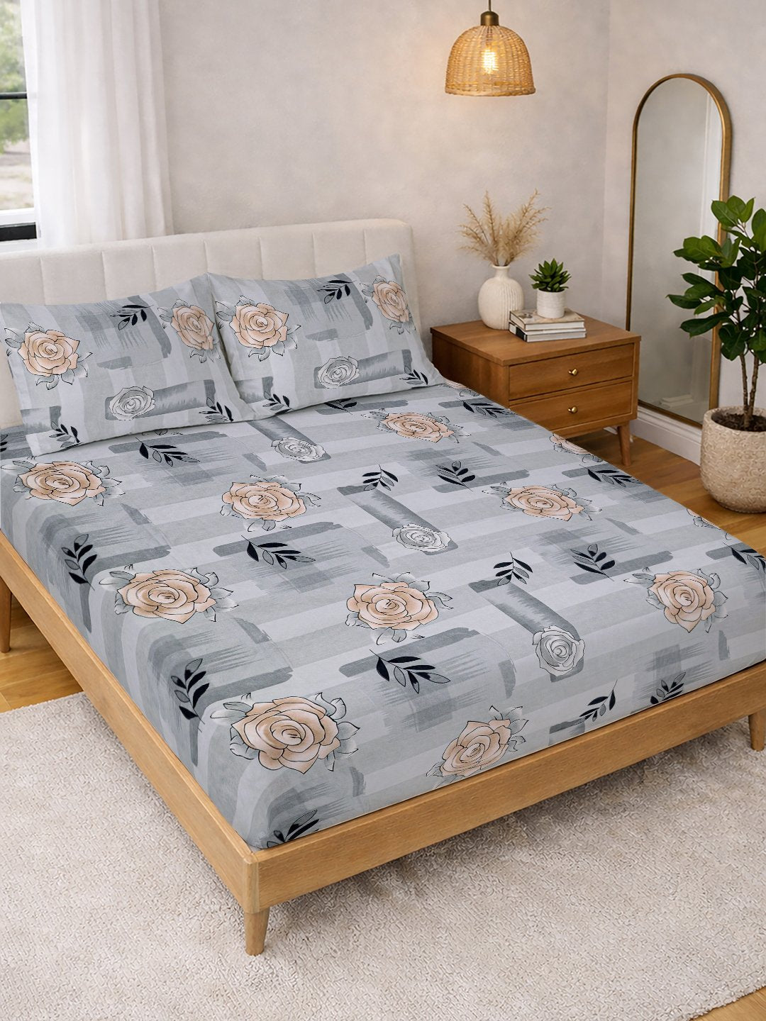 Grey Floral Cotton Blend Double Bedsheet with 2 Pillow Covers