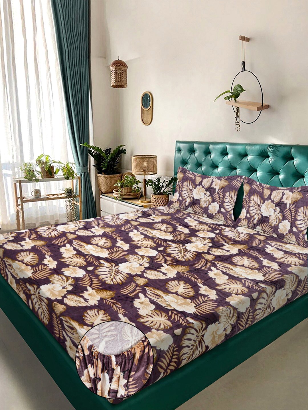 Brown Floral Super King Woolen Fitted Double Bedsheet with 2 Pillow Covers