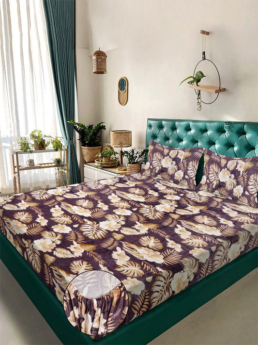 Brown Floral Super King Woolen Fitted Double Bedsheet with 2 Pillow Covers