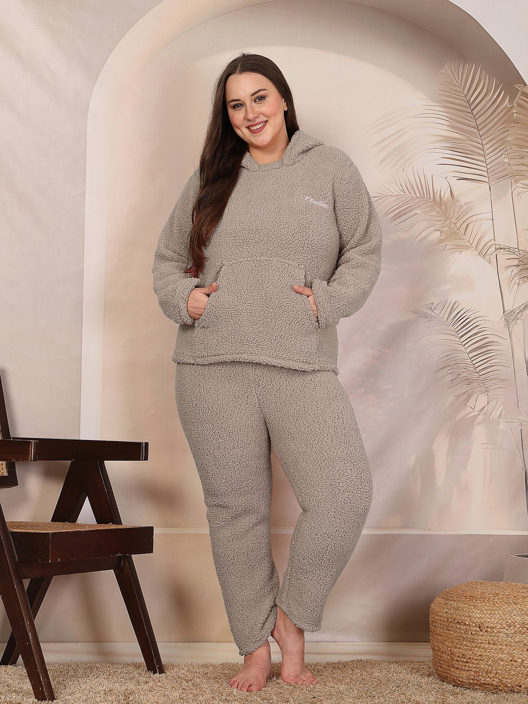 Women Beige Solid Sherpa Heavy Winter Hooded Pluz Size Woolen Night Suit