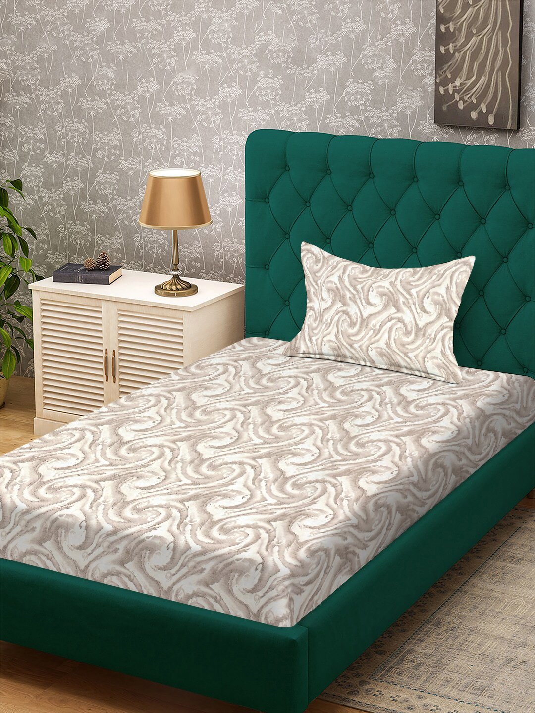 Beige Abstract 300 TC Cotton Blend Single Bedsheet with Pillow Cover