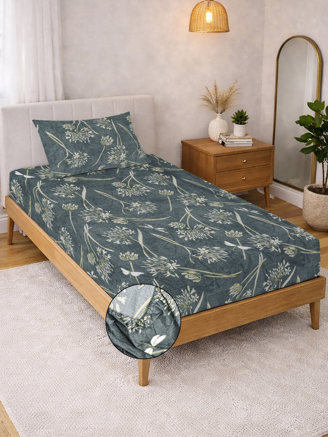 Green Floral Cotton Blend Fitted Single Bedsheet with Pillow Cover