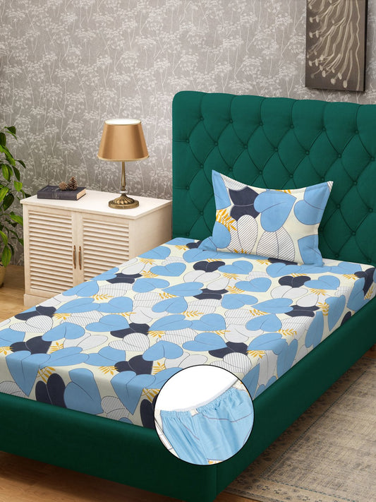 Blue Floral 300 TC Cotton Blend Fitted Single Bedsheet Set in Book Fold Packing