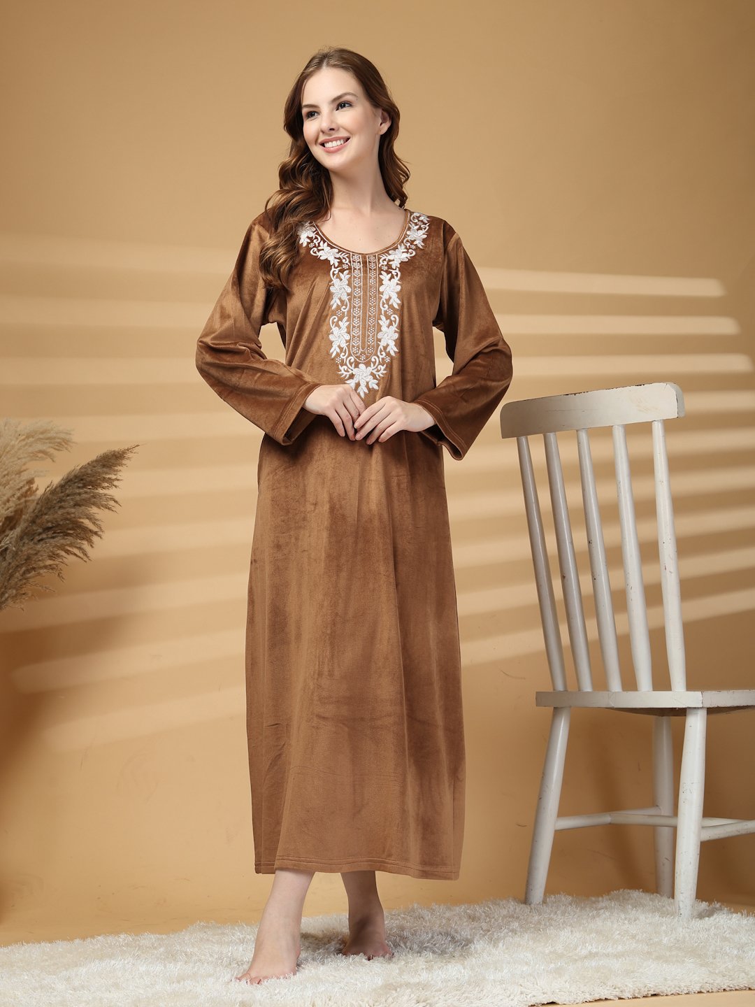 Klotthe Brown Solid Soft touch Velvet Maxi Nightdress