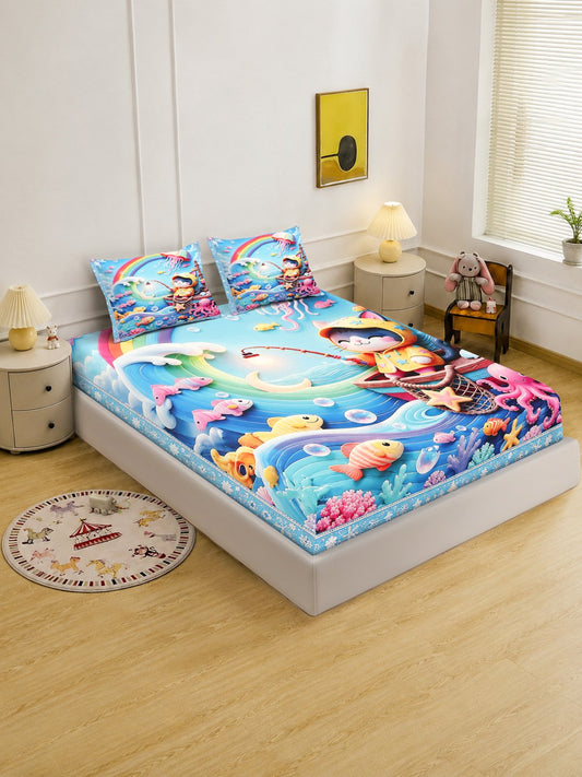 Digital Printed Blue Cartoon Characters Cotton Blend Double Bedsheet with 2 Pillow Covers