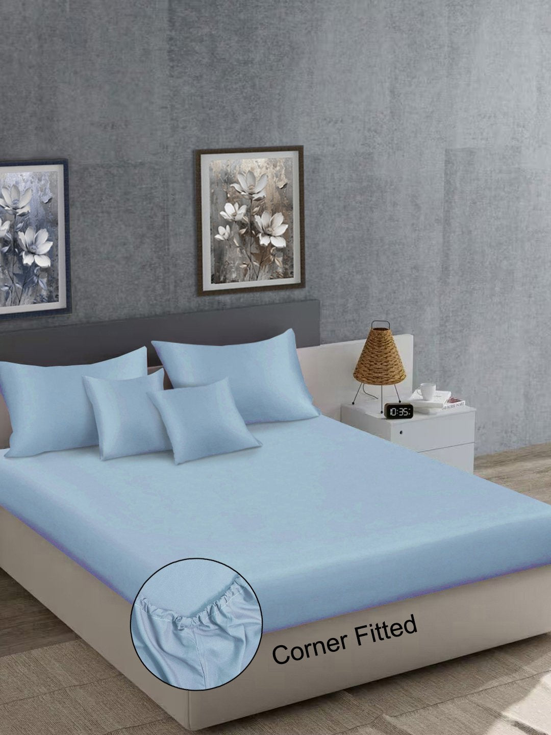 SkyBlue Solid 400 TC Satin Fitted Super King Double Bedsheet with 2 Pillow Covers & 2 Cushion Covers