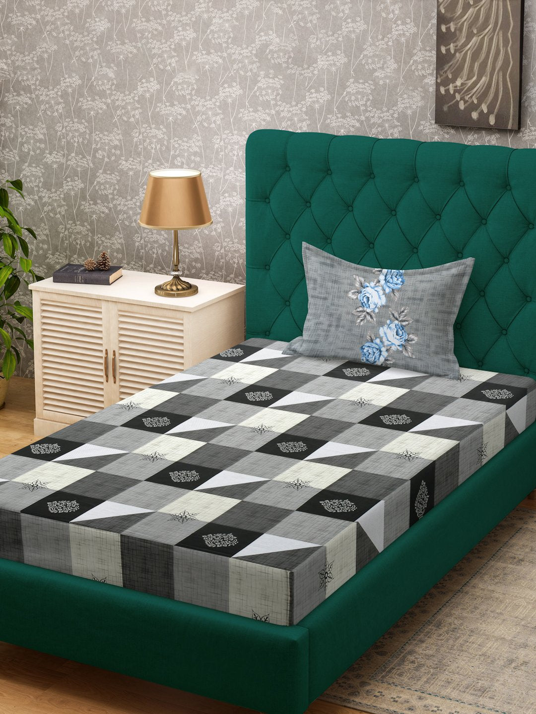 Grey Geometric 400 TC Pure Cotton Single Bedsheet with Pillow Cover